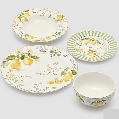 EDG Enzo De Gasperi Set Piatti Limoni Fondi, Piani, Frutta, Ciotole 24 Pz Bianco Giallo