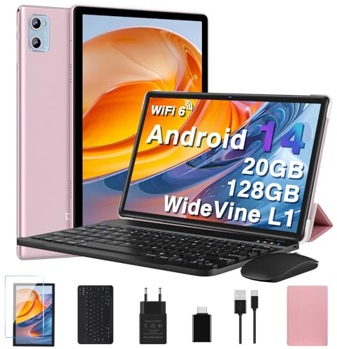2026 Neuest Tablet 10 Zoll Android mit 20GB RAM + 128GB ROM (TF 2TB), Octa Core, 5G Wi-Fi 6, Bluetooth 5.0, 6000 mAh, Widget, 5MP + 8MP, Widevine L1, GMS Tablet 2 in 1 mit Tastatur und Maus - Gold