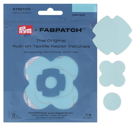 Prym 921009 FabPatch STRETCH Rub-on Patch Hellblau (3 Stück) – Selbstklebende bi-elastische Reparaturflicken für Sportbekleidung, Leggings, Jacken & Sneaker – Textilreparatur ohne Nähen & Bügeln