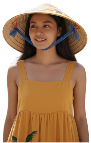 Terrapin Trading Genuine Vietnamese Non La - Hand Painted Conical Bamboo Hat - Traditional Design - 40cm Diameter - Includes Chin Strap