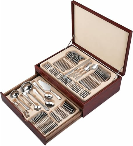Housetronics 72 Piece Stainless Steel Cutlery Set with Wooden Storage Canteen – Luxury Tableware Dinner Set for 12 People – Wedding, Party, BBQ & Dining Utensil Set