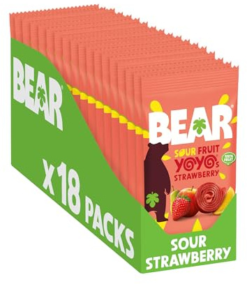 BEAR Super Sour Strawberry & Apple Yoyos - Dried Fruit Rolls - Healthy - Vegan - 20g (18 packs)