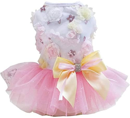 Hundekleid Welpenrock Hundeprinzessin Kleider Ballett Tutu Blume Hochzeit Spitze Luxus Bogen Kleid für kleine Hundemädchen L Pink