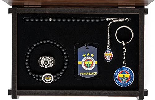 Gök-Türk Handgemachte Schatulle 'Fenerbahce' Schmuck Set für Herren: Set aus Halskette, Ring, Armband, Gebetskette - Tesbih, Schlüsselanhänger