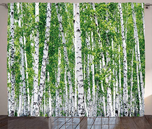 ABAKUHAUS Birke Rustikaler Gardine, Frische Sommer-Blätter, Schlafzimmer Kräuselband Vorhang mit Schlaufen und Haken, 280 x 260 cm, Grün, Weiß, Schwarz
