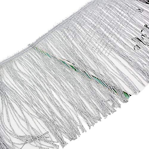 Yalulu 2 Meter x 20cm Quaste Seidig Fransen Tanzfransen Geschnitten Fransenborte Fransenband Kostüm Quaste trimmen Garment Apparel Spitzenborte Nähzubehör (Silber)