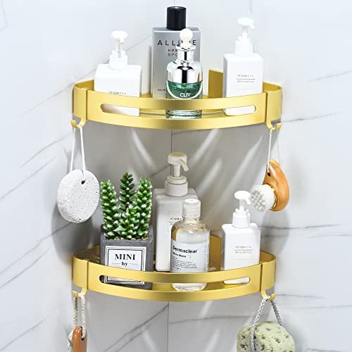 maifey Bathroom Corner Shelves No Drilling,Rust proof Space Aluminum Triangle Shower Caddy Bathroom Storage Shelves with 2 Hooks Wall Mounted(2 Tier,Bright Sand Gold)