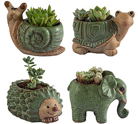 Kleine Sukkulentententöpfe mit Drainage, Keramik-Tier-Pflanzgefäß, Indoor-Pflanztöpfe, niedlicher Kaktus/Bonsai, kleine Blumentöpfe für Heimdekoration und Büro-Schreibtischdekoration, EIN Set von 4