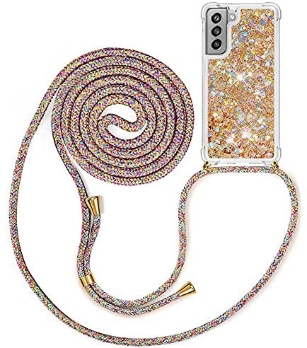 MXKOCO Funda con Cuerda para Samsung Galaxy S21 FE 5G Carcasa de movil con Cuerda para Colgar- Funda con Correa para Hombro y Cordón Colgante/Brillante Arena movediza Carcasa con Banda Cordon