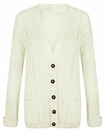 LUXE DIVA New Womens Everyday Long Sleeve Button Top Ladies Chunky Aran Cable Knit Grandad Cardigan UK Size 8-26 Cream