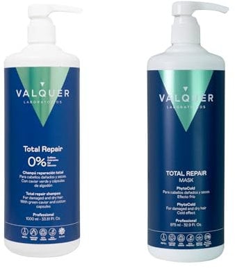 Valquer Total Repair Zero Shampoo- und Maskenpackung. Repariert, macht geschädigtes und trockenes Haar weich und pflegt es. Intensive Feuchtigkeitsversorgung mit Vitamin E und Baumwoll. 1 l + 975 ml
