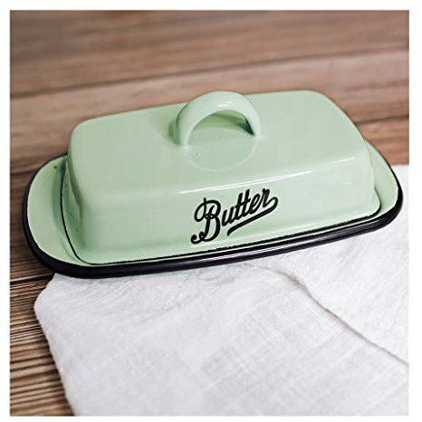 Beurrier Beurrier en émail, boîte de Rangement pour Fromage, boîte à Beurre Domestique, Plateau à Dessert avec Couvercle, Accessoires de Cuisine Traditionnels (Blanc/Vert)