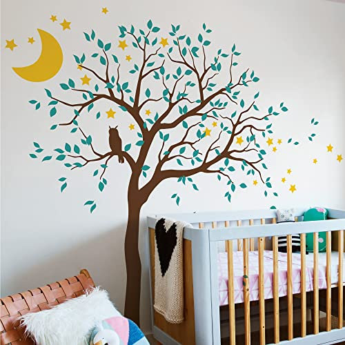 Studio Quee Großer Baum Wandaufkleber mit Eule, Mond und Sternen Kinderzimmer Wandbild Dekoration 088 (Äste nach rechts, Braun, Türkis, Gelb)