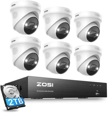ZOSI 4K 8CH Spotlight PoE Security Camera System,6pcs 4K Wired Indoor Outdoor PoE IP Cameras with 2-Way Audio,Night Vision,Human Detection,Smart Light Alarm,8CH 8MP NVR with 2TB HDD for 24/7 Record