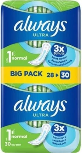 Always Ultra Binden Damen Gr. 1, Normal (30 Damenbinden) Big Pack, dünn und super saugfähig, geruchsneutralisierend und Auslaufschutz