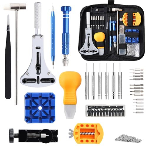BASVII Uhrenwerkzeug Set - 155 Stück Uhrmacherwerkzeug Set Profi - Uhrenwerkzeug zum Einstellen und Ersetzen des uhrenarmband Werkzeug, für Die Meisten Uhrens