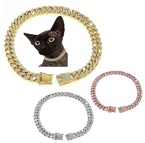 3PCS Diamond Cuban Collar, Rose Gold Dog Choke Chain Silver Metal Metal Glitter Dog Chain Collar with Security Buckle for Small Medium Large Dogs and Cats