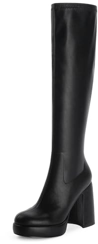 Modatope Stivali alti al ginocchio con plateau da donna con tacco grosso punta arrotondata stivali alti al ginocchio con cerniera laterale stivali alti, A-nero, 40.5 EU