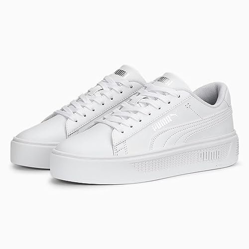 PUMA Women's Smash Platform V3 Sneaker, Puma White/Silver, 7