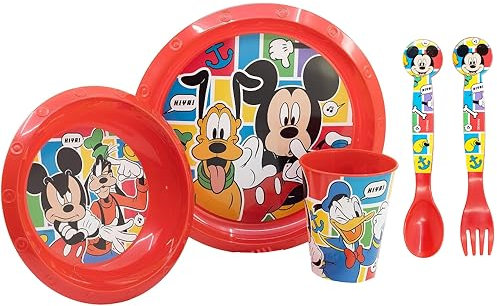 Set stoviglie in plastica riutilizzabile Topolino Disney 5 pezzi piatti bicchiere posate per bambini set pranzo