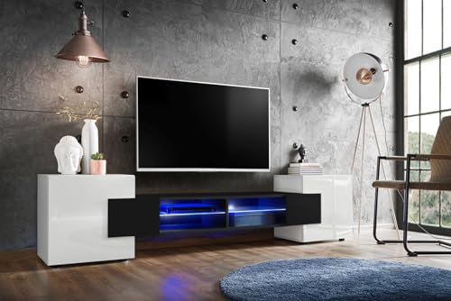 Komodee, Merano Bank TV Schrank, Weiss Schwarz Weiss, LED Blau, Breite 230 cm x Höhe 52,5 cm x Tiefe 35 cm, für Wohnzimmer, Schlafzimmer