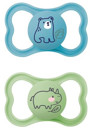 MAM Air Silikon Schnuller im 2er-Set, extra leichtes und luftiges Schilddesign, zahnfreundlicher Baby Schnuller aus speziellem MAM SkinSoft Silikon mit Schnullerbox, 6-16 Monate, Bär/Nashorn