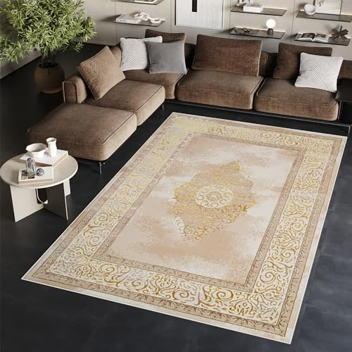 TAPISO Ares Teppich Kurzflor Glänzend Beige Creme Ornament Blumen Bordüre Rahmen Medaillion Klassisch 3D Effekt Wohnzimmer Schlafzimmer ÖKO-TEX 300 x 400 cm