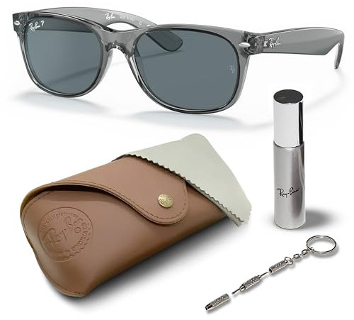 Ray-Ban RB2132 New Wayfarer quadratische Sonnenbrille, BRILLEN-SET | Exklusiv-Etui und Care-Kit | Polished Transparent Grey/Polarized Dark Blue