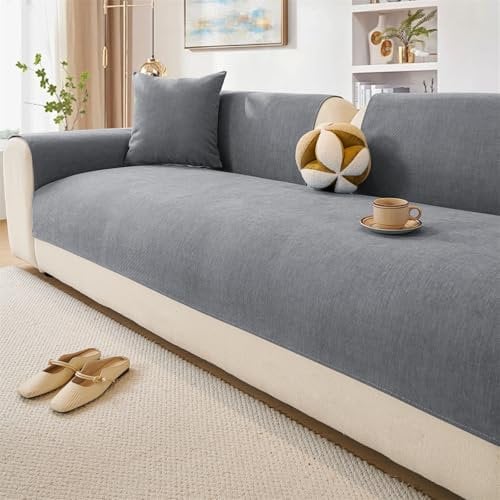 LINGKY Chenille Sofabezug 1 2 3 4 Sitzer, Sofadecken Für Sitzfläche, Ecksofa Sofa überzug, Sofaschoner rutschfest, Couch Überzug L Form Sofaüberwürfe, Sofaschutz Katze Hund (Grau,90x210cm)