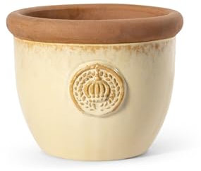teramico Bac à Plantes - Pot de Fleurs - Rond, émaillé, bombé, en grès et résistant au Gel - pour décoration du Jardin (Sable avec Couronne, 32cm)