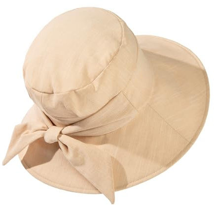 Comhats Sun Hats Women Linen Cotton Summer UPF 50 Wide Brim Bucket Hat for Ladies UV Hat Packable Gardening Outdoor Bowknot Khaki