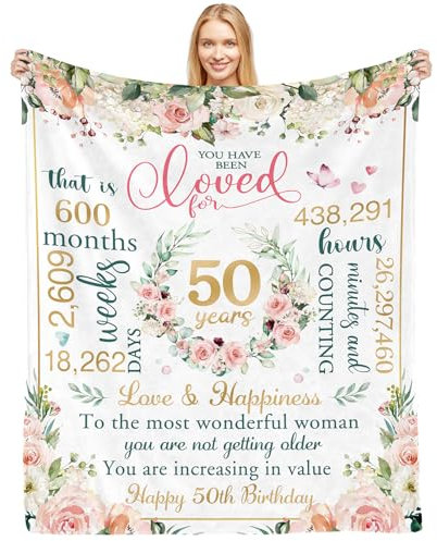 CAPRIFIC 50th Birthday Gift Blanket, Soft Flannel, 50x60in, For Women, Mom, Wife, Sister, Friend