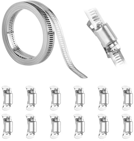 Hose Clips, 3 Meters/9.84 Feet Hose Clamp with 12 Fasteners, 304 Stainless Steel Pipe Clamps, Large Adjustable Clamp Worm for Pipe, Plumbing, Fuel Line and Tube