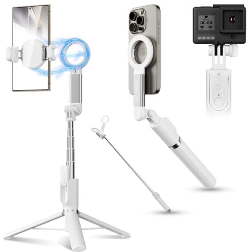 40.9 Magnetic Phone Selfie Stick Tripod, Cell Phone Tripod Stand with Rechargeable Remote & Phone Tripod Mount with 2 Cold Shoe,Portable Phone Tripod for Travel Selfies Live Streaming Video Recording