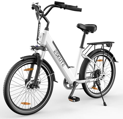 ESKUTE C100 Plus Bici Elettrica, 26 Pollici Bicicletta Elettrica, Motore 250W, Batteria Rimovibile 36V 13Ah, Velocità Massima di 25 km/h, 7 Velocità, Display LCD, E-bike per Adulti, Bianco