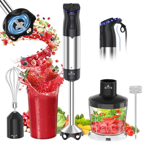 1200W Electric Handheld Immersion Blender, 5 in 1 Handheld Mixer for Kitchen with 20 Speeds and Turbo Boost, 600ml Chopper, 800ml Beaker, Whisk and Frother