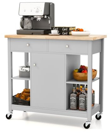 KOMFOTTEU Carrito de Cocina con Ruedas, Carro de Servicio con 4 Estantes Abiertos, 2 Cajones y Armario con Puerta, Carro Auxiliar con Encimera de Madera de Caucho, 99 x 46 x 90 cm (Gris)