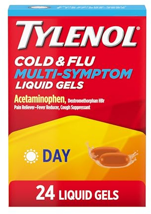 Tylenol Daytime Cold & Flu Multi-Symptom Liquid Gels, Cold & Flu Relief Medicine, Pain Reliever & Fever Reducer + Cough Suppressant, Acetaminophen 325 mg, Dextromethorphan HBr 10 mg, 24 ct