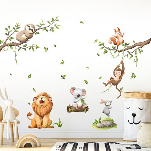 Decvictor Wandtattoo Dschungel Tier Wandaufkleber Safari Löwe Affe Faultier Wandsticker Kinderzimmer Babyzimmer Jungenzimmer Mädchenzimmer Wanddeko
