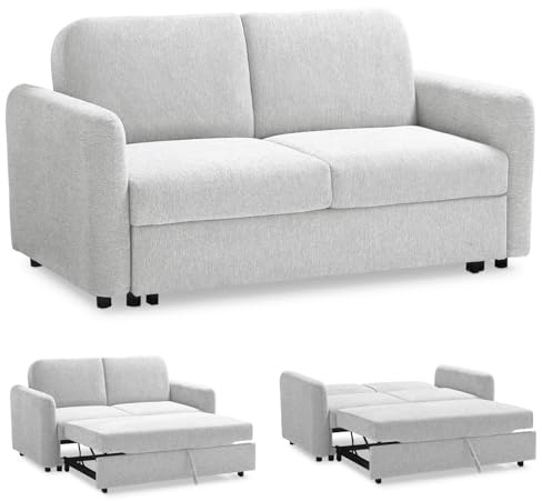 EVERGREENWEB Schlafsofa 2-Sitzer Bett, Couch mit Schlaffunktion, Weiß Stoff, Verstellbare Rückenlehne mit Doppelpolster, Sofa mit Ausziehbarer Chaise Longue, Faltbare Verstärkte Struktur, Nelly