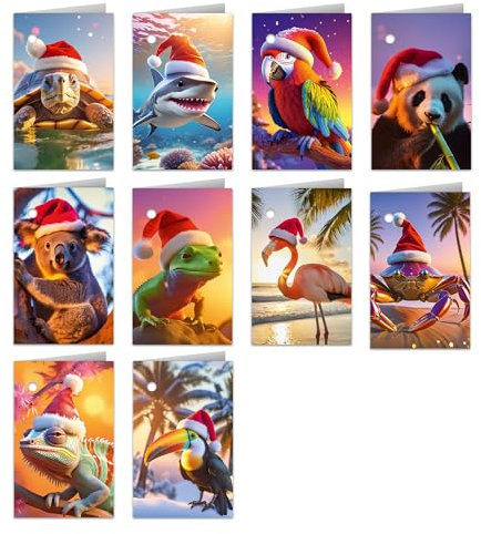 20 Weihnachts-Etiketten Anhänger, lustige Tiere mit Weihnachtsmützen, 300g matt, klimaneutral gedruckt, Xmas Tags für Geschenkverpackungen