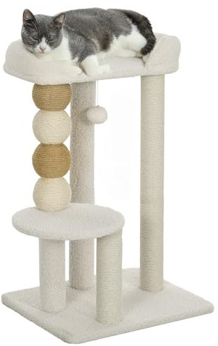 PawHut Árbol Rascador para Gatos Altura 76 cm Árbol para Gatos Torre para Gatos con Revestimiento de Borreguillo Plataformas Bola Colgante y Poste de Yute Beige
