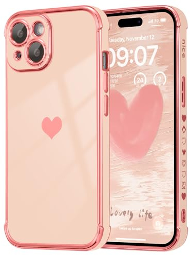 DEFBSC for iPhone 15 Case Cute Side Love Heart Pattern,Pink | Fashion Plated Edge Soft TPU Bumper Shockproof Protective Phone Cover for Girls Women,Raised Camera Protection