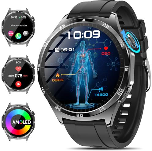 2025 Montre Intelligente pour Hommes avec đ đ„đČđĂ©đŠđąđ ECG/HRV/Acide Urique/BMI,1,43 AMOLED Montre de SantĂ© Fitness avec FrĂ©quence Cardiaque,Pression ArtĂ©rielle,SPO2,Sommeil SOS (Moderne, Noir)