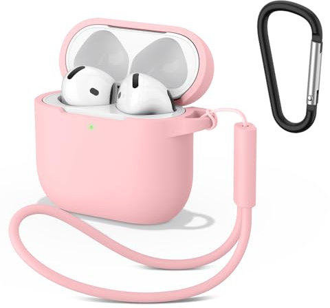 Wanme Schutzhülle für AirPods 4 Hülle, Weiche Silikon Cases, Schutzhülle Apple Airpods 4, Effektiver Stoß und Kratzschutz, Hülle mit Karabiner Und Handschlaufe, Rosa