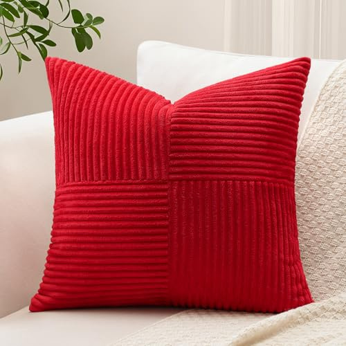 Sungeek 1 Stück Cord Kissenbezug, Kreuz Streifen Muster Kordsamt Kissenbezüge Sofakissen Dekokissen Patchwork Design Deko Zierkissenbezüge Kissenhülle für Wohnzimmer (40x40cm, Rot)