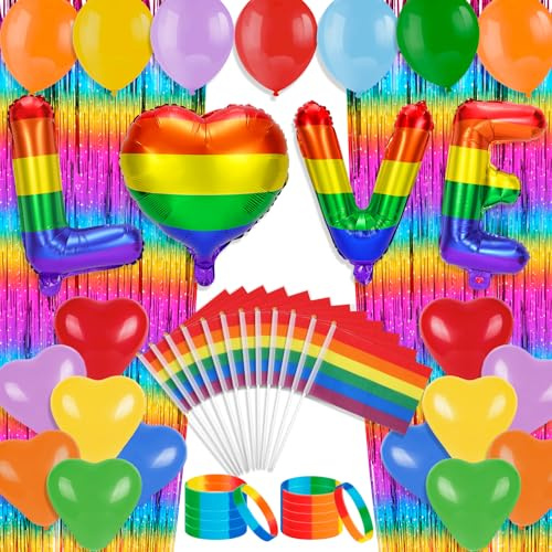 HOWAF Decoraciones del Orgullo Gay, Globos del Orgullo LOVE, Globos Arco¨ªris de Papel de Aluminio, Banderas del Orgullo en Palitos,Brazaletes LGBTQ+, Cortinas de Purpurina, Accesorios Arco¨ªris