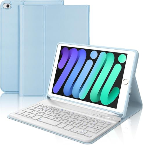 WAVATA Clavier pour iPad Mini 5/4/3/2/1, Étui Clavier pour iPad Mini 5/4 2019/2015 Magnétique AZERTY Français Amovible Bluetooth, Bleu