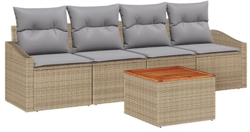 vidaXL Garten-Sofa-Set mit Kissen 5 pcs Beige Poly Rattan, Moderne Gartenmöbel, rechteckig, höhenverstellbar, Flexibles und langlebiges Set für Terrasse und Couch
