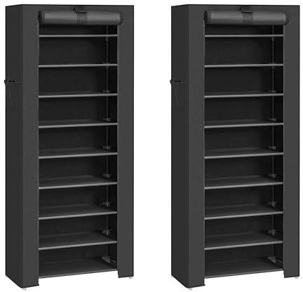 SONGMICS Zapatero, 10 Niveles, Juego de 2, Zapatero de Entrada 28 x 58 x 160 cm con Cubierta de Tela, Delgado, Marco de Metal, Negro ZH2504069